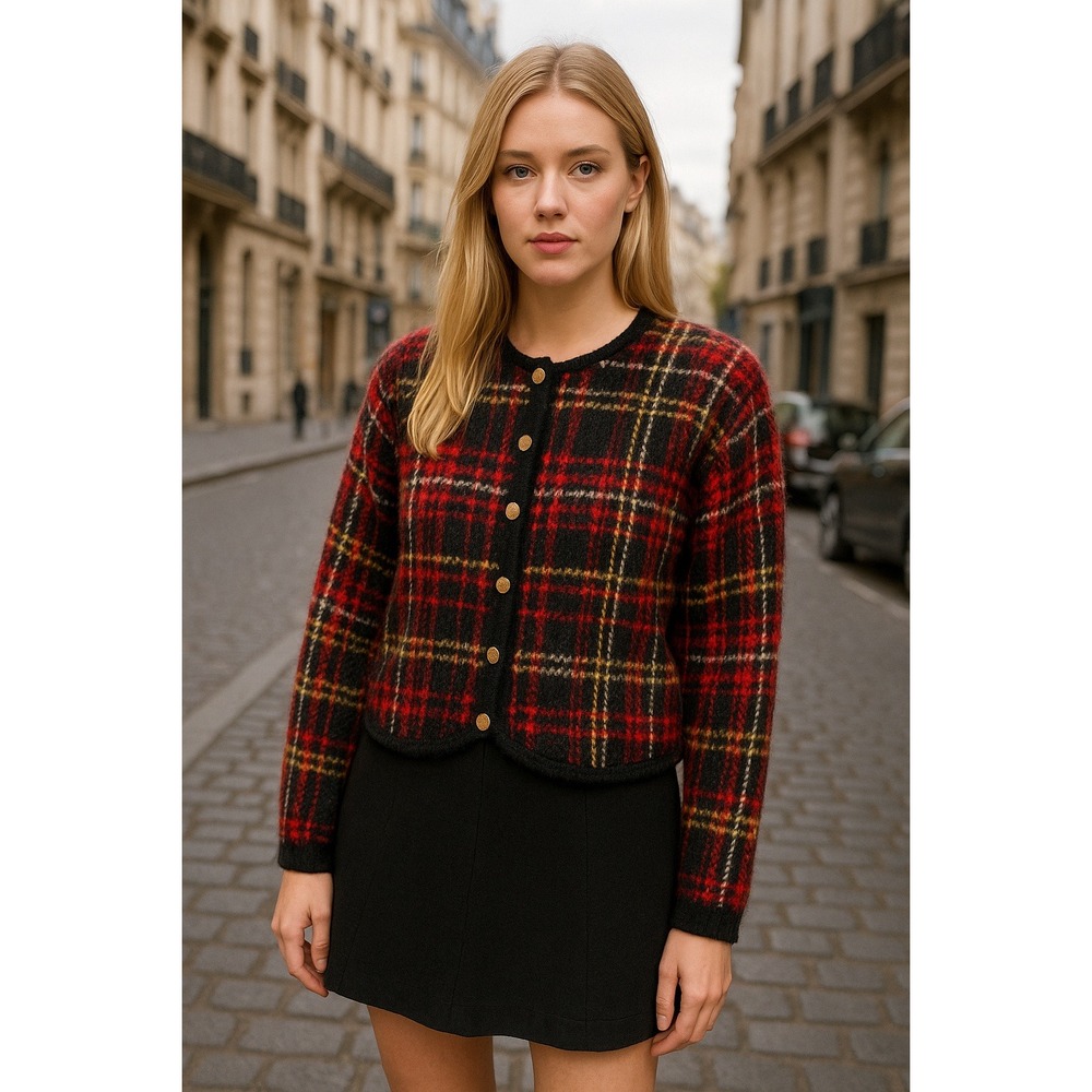 dressbarn Red Black Plaid Cropped Cardigan